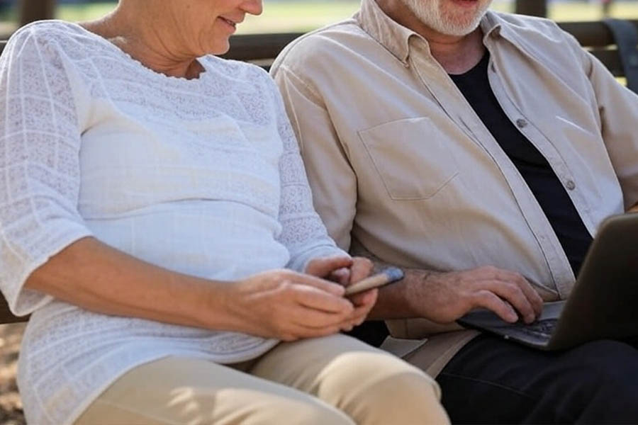 Two seniors using a smartphone with wifi